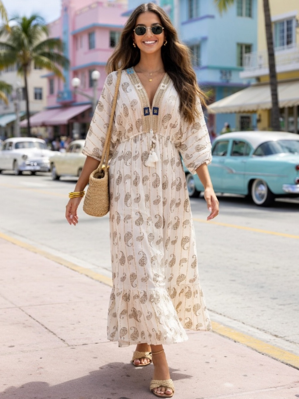 ShopEvelynne Cream Paisley Maxi Dress with Blue Trim